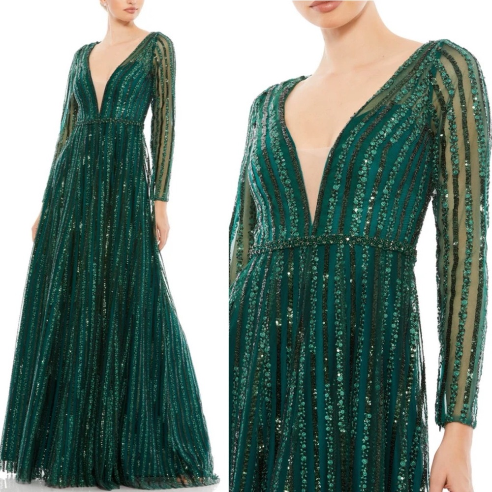 NWT Mac Duggal 11184 Beaded Long Sleeve Gown Emerald Green (12)